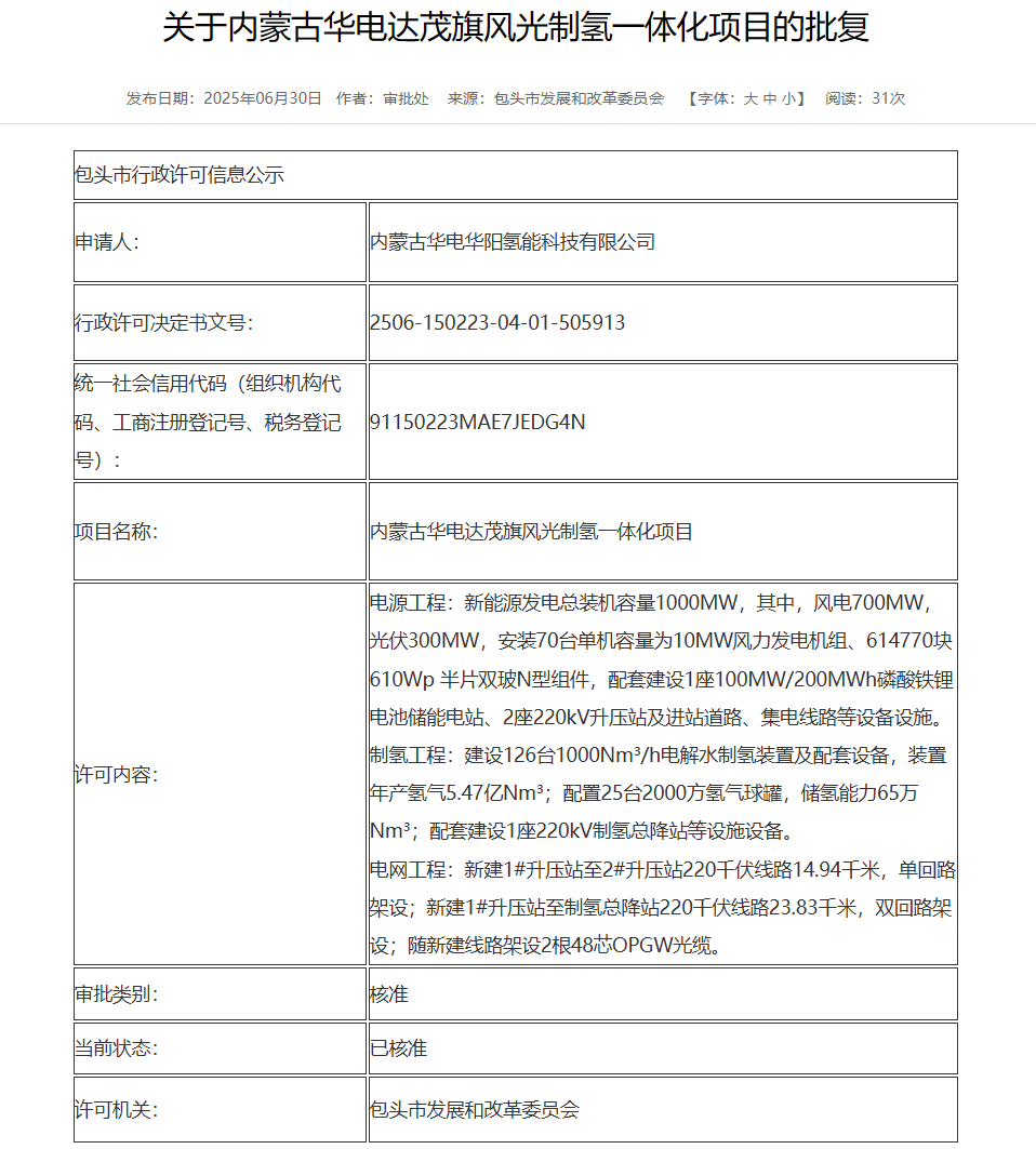 70臺10MW！華電風光制氫一體化項目獲批復