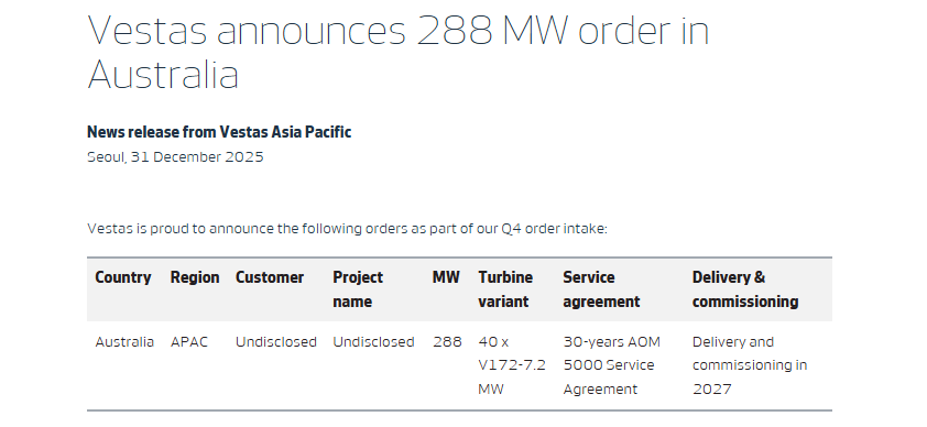 維斯塔斯獲得澳大利亞288MW風(fēng)力發(fā)電機組訂單